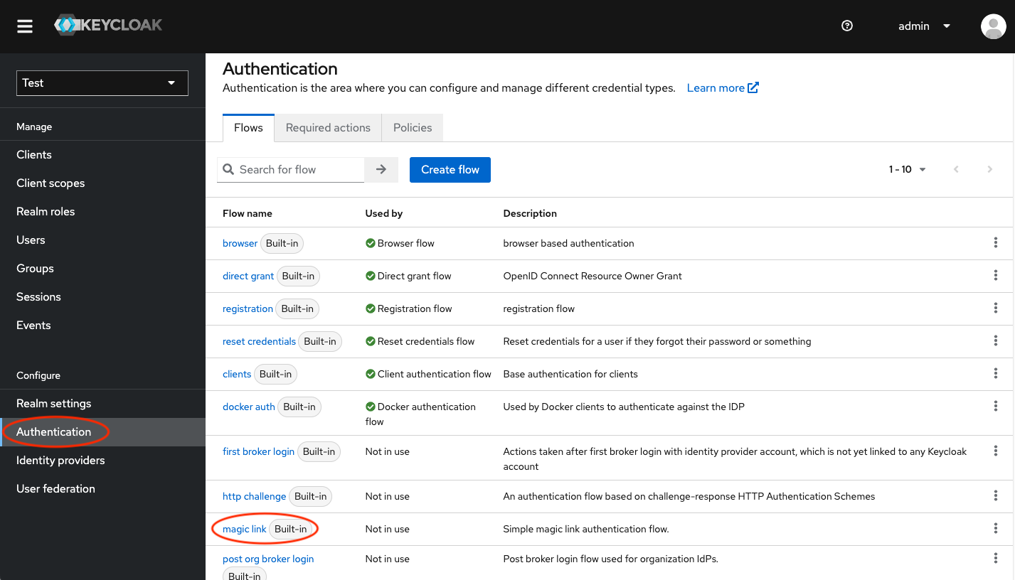 Keycloak Phase Two Magic Link Authentication Page Flow Name