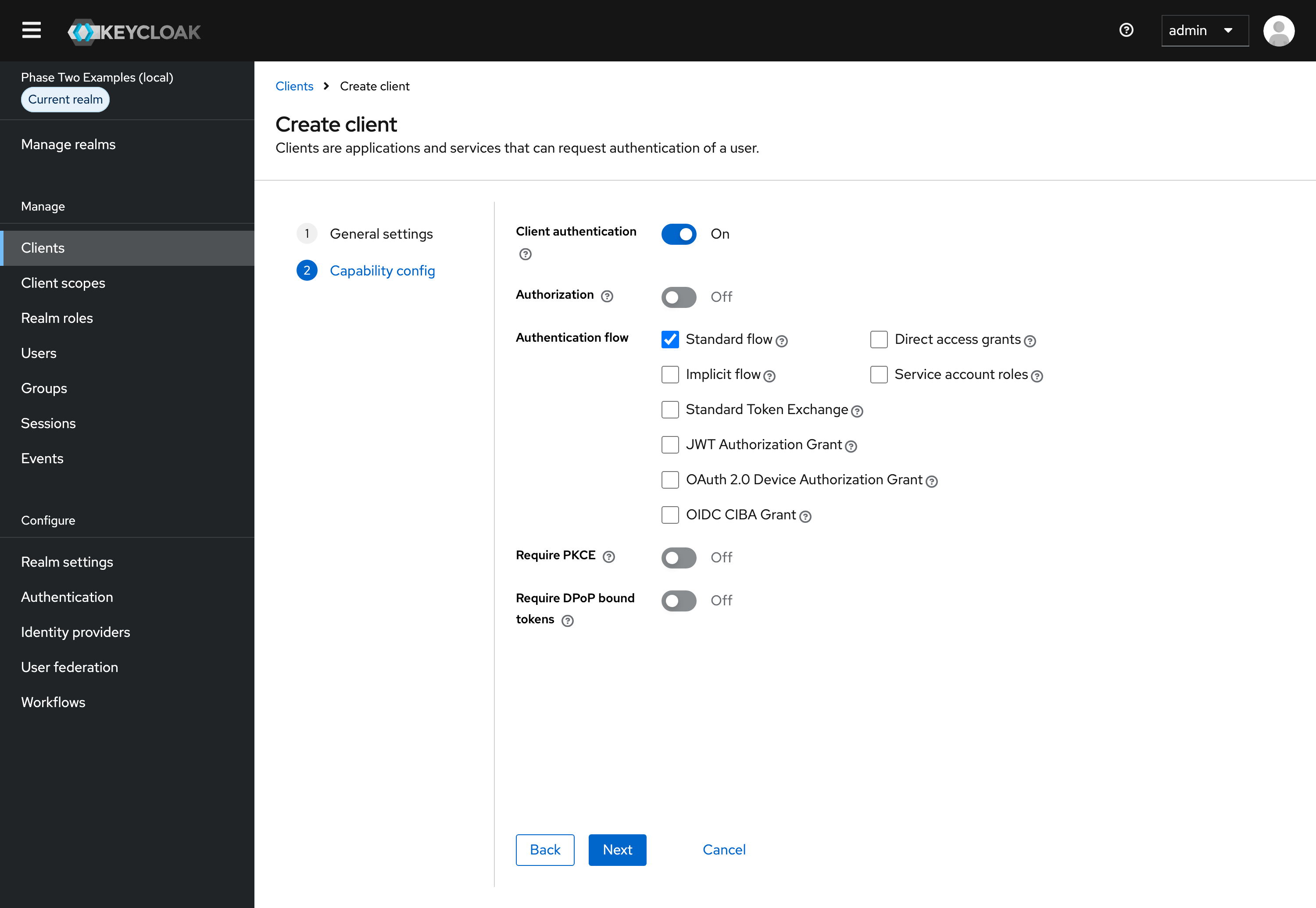 Keycloak OIDC Create Client Capability Config with Authentication