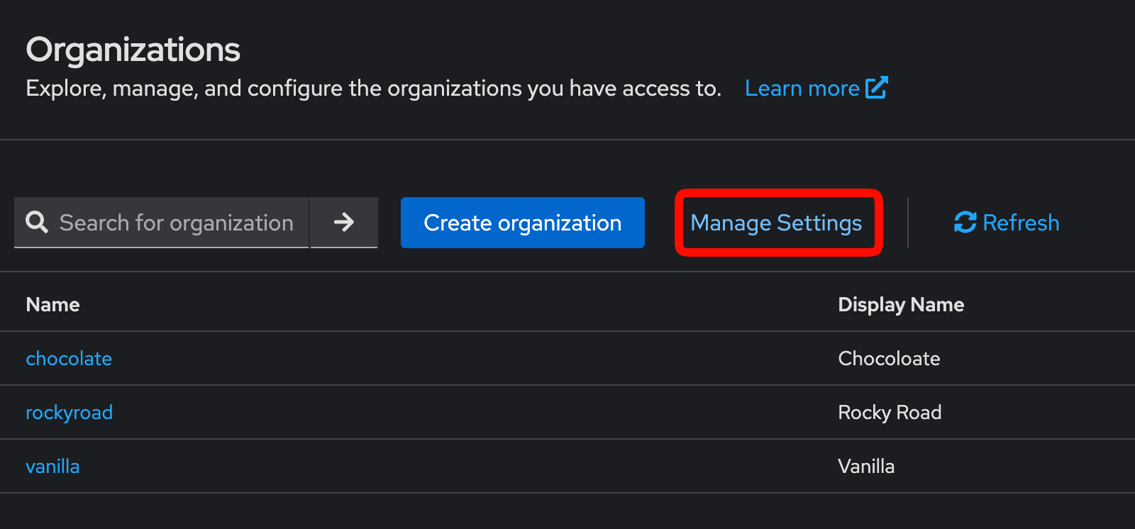 Manage Settings button in Keycloak Admin UI