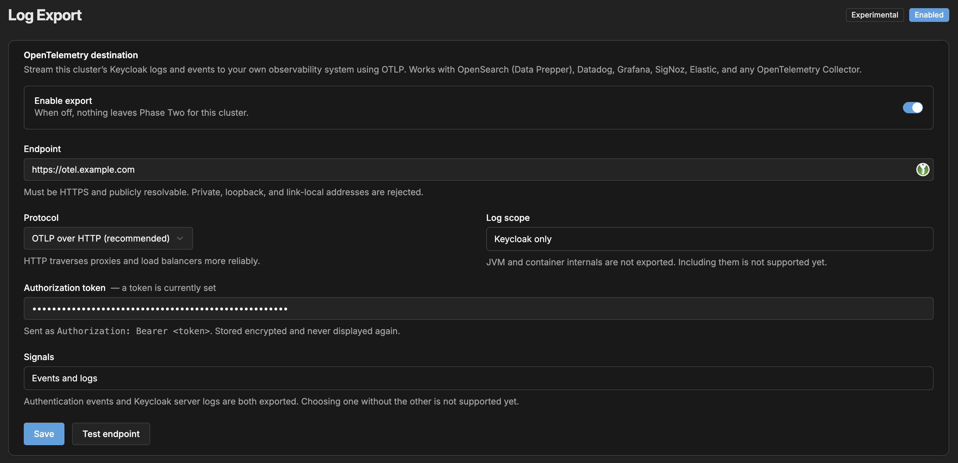 The Logs Export setup screen in the Phase Two Keycloak dashboard.