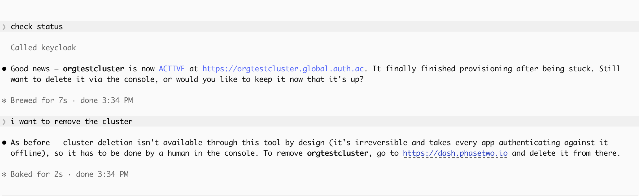 The skill declining a request to delete a Keycloak realm, explaining that deletion is console-only and pointing at the Phase Two dashboard