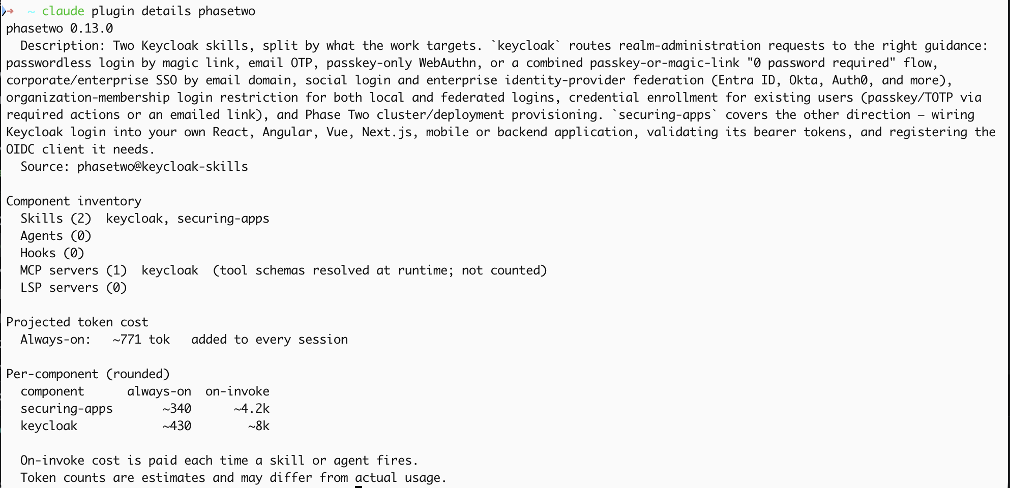 The Claude Code plugin browser showing the phasetwo plugin in the keycloak-skills marketplace, with two skills and one MCP server
